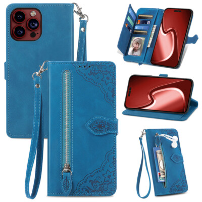 For iphone 15 Pro Max 14 13 12 11 XS Max XR 8 7 Leather Zipper Wallet Phone Case