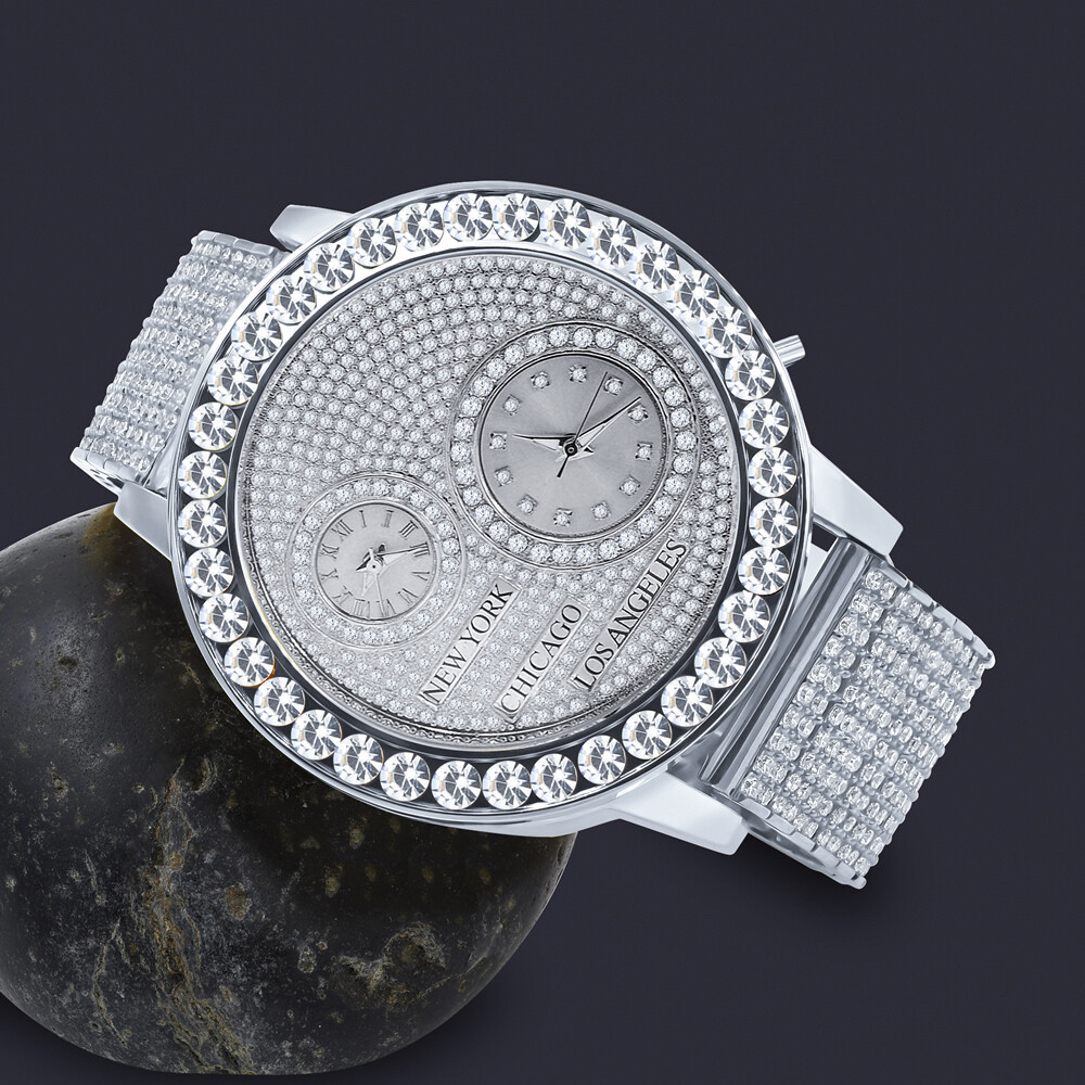 Pre-owned Ice Master White Gold Tone Solitaire Real Diamond Dial 2 Time Zone Chronograph Men's Watch