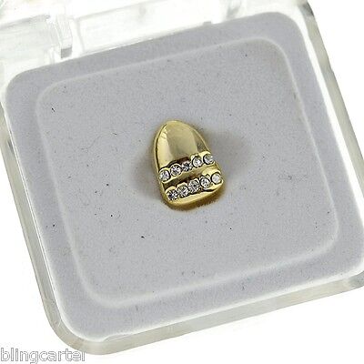 14k Gold Plated Single Cap Teeth Grillz Two Iced Lines Simulated CZ Grills