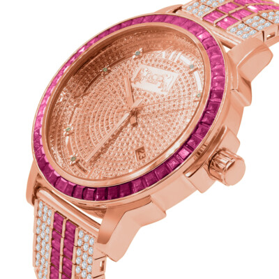 Pre-owned Ice House Custom Band Rose Gold Ruby Red Genuine Diamond Dial Stainless Steel Bezel Watch