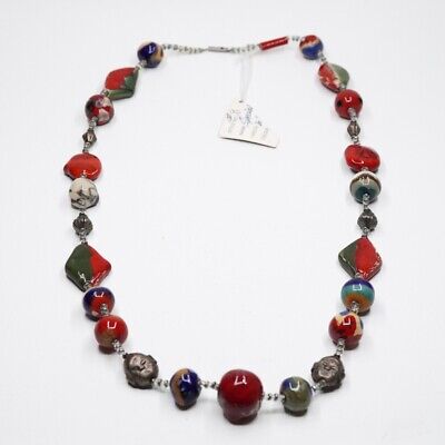 Kazuri Necklace Hand glazed Pottery Beads Kenya 30  Red green and silver - bold