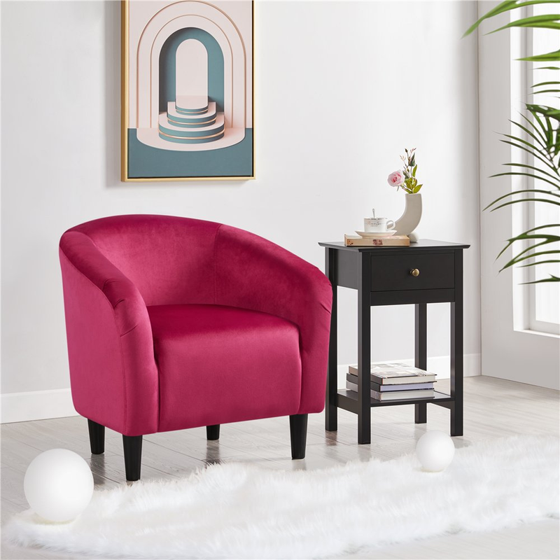 Barrel Club Accent Chair Lounge Rose Red Velvet Upholstery Solid Pine Wood Legs