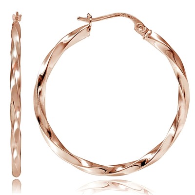 Rose Gold tone over Sterling Silver 2mm Twist Round Hoop Earrings, 60mm