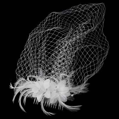 Wedding bridal Floral Feather crystal fascinator w/birdcage russian veil Ivory