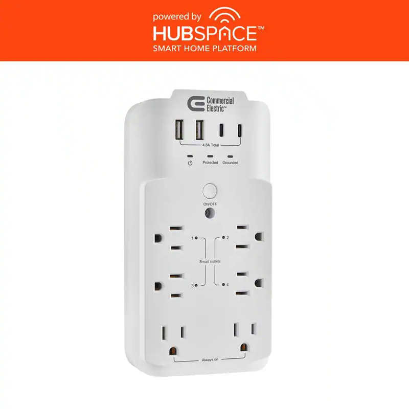 Commercial Electric Smart Surge Protector 6Outlet 4USB WiFi Power Strip Hubspace