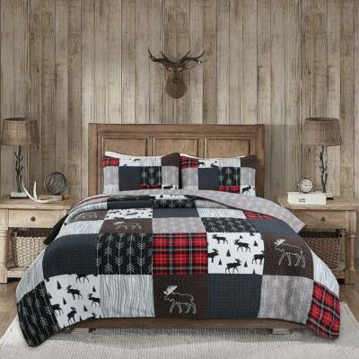 NEW!~ COZY LODGE LOG CABIN COUNTRY WHITE RED BLACK DEER MOOSE PLAID QUILT SET