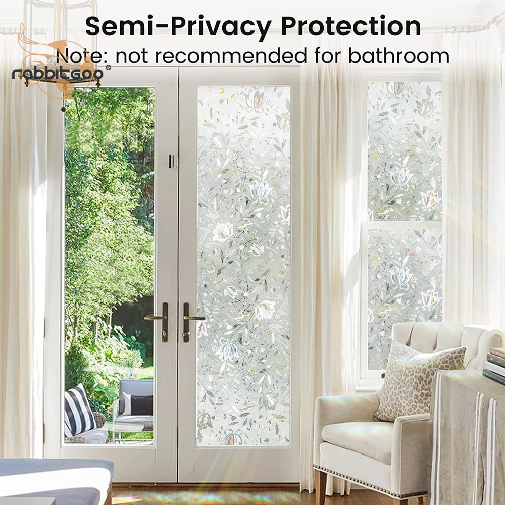 rabbitgoo 3D Decorative Window Film Stained Glass Film Rainbow Frosted Flowers