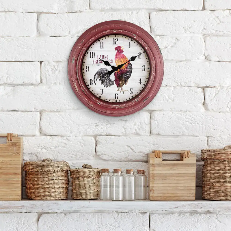 12 In. round Distressed Red Rooster Quartz Analog Wall Clock