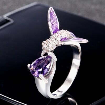 Fabulous Hummingbird Ring ~ Amethyst CZ ~ Adjustable ~ Silver Plated