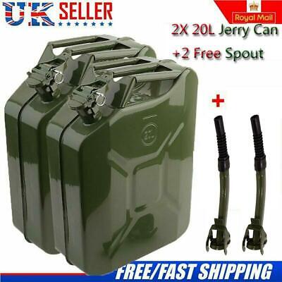 2x 20L Metal Fuel Jerry Can Green Car Diesel Petrol Oil Tank + 2 Flexible Spout