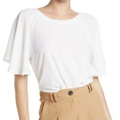Halogen Womens Halogen Flutter Sleeve Mixed Media White Crepe Top Size Large NEW