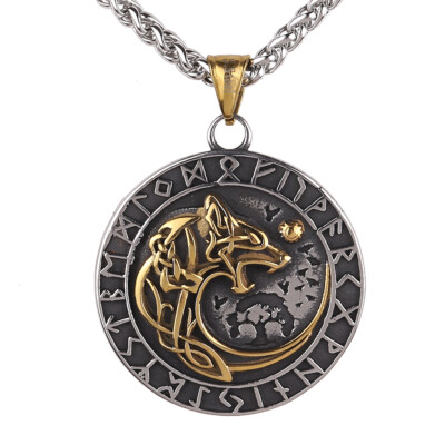 Men's Gold&Silver Stainless Steel Viking Runes&Fenrir Wolf Pendant Necklace Gift