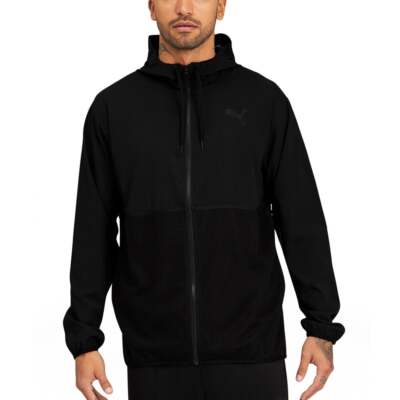 

Puma Vent Woven Hooded Full Zip Training Jacket Mens Black Casual Athletic Outer, Черный, Puma Vent Woven Hooded Full Zip Training Jacket