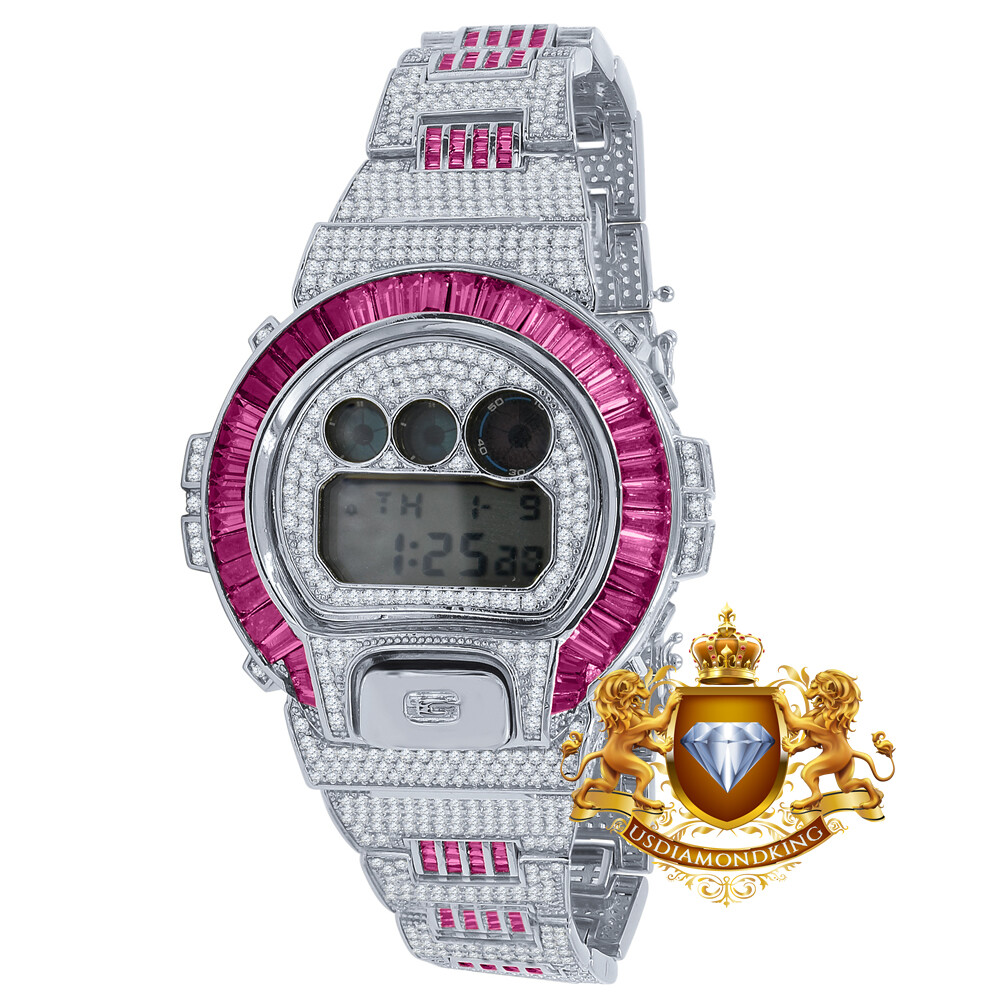 Pre-owned Usdiamondking Baguette Pink Tourmaline White Gold Casio Shock Authentic Dw-6900 Custom Watch
