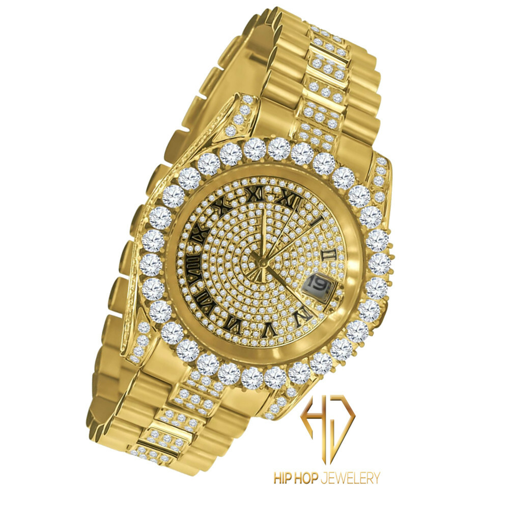Pre-owned Bling Master 18k Yellow Gold Tone Stainless Steel Simulated Diamonds Presidential Watch 41mm
