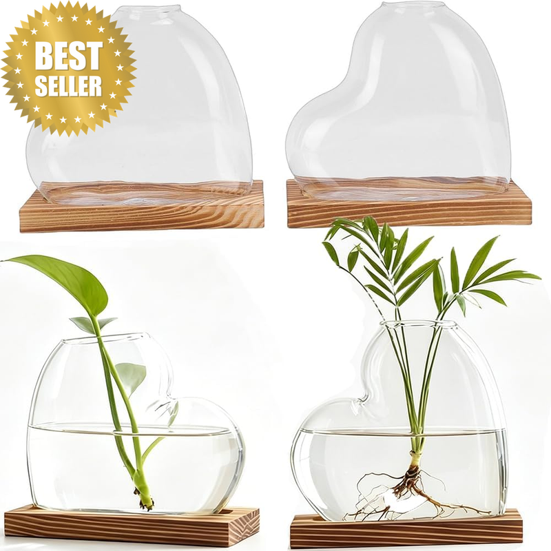 Heart Shaped Plant Propagation Station with Wooden Stand Set of 4, Clear Glass H