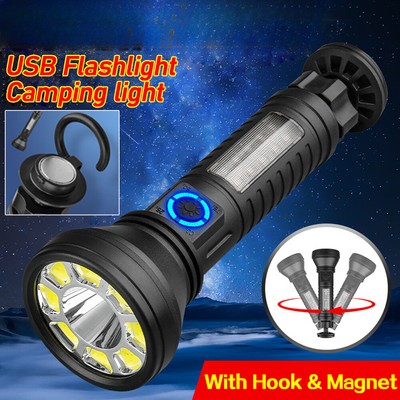 Flashlight USB Rechargeable Searchlight Portable Hook Camping Torch Spotlight