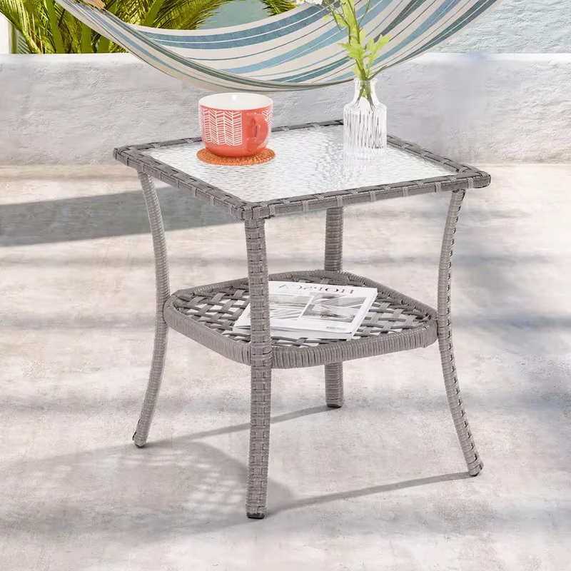 Patio Wicker Side Table Outdoor Rattan End Table Tempered Glass 2 Tier Patio