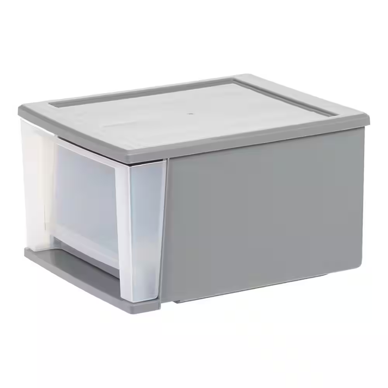 Stackable Storage Drawer 1 Tier Clear Front Gray Plastic Organizer Bin 17.5 qt