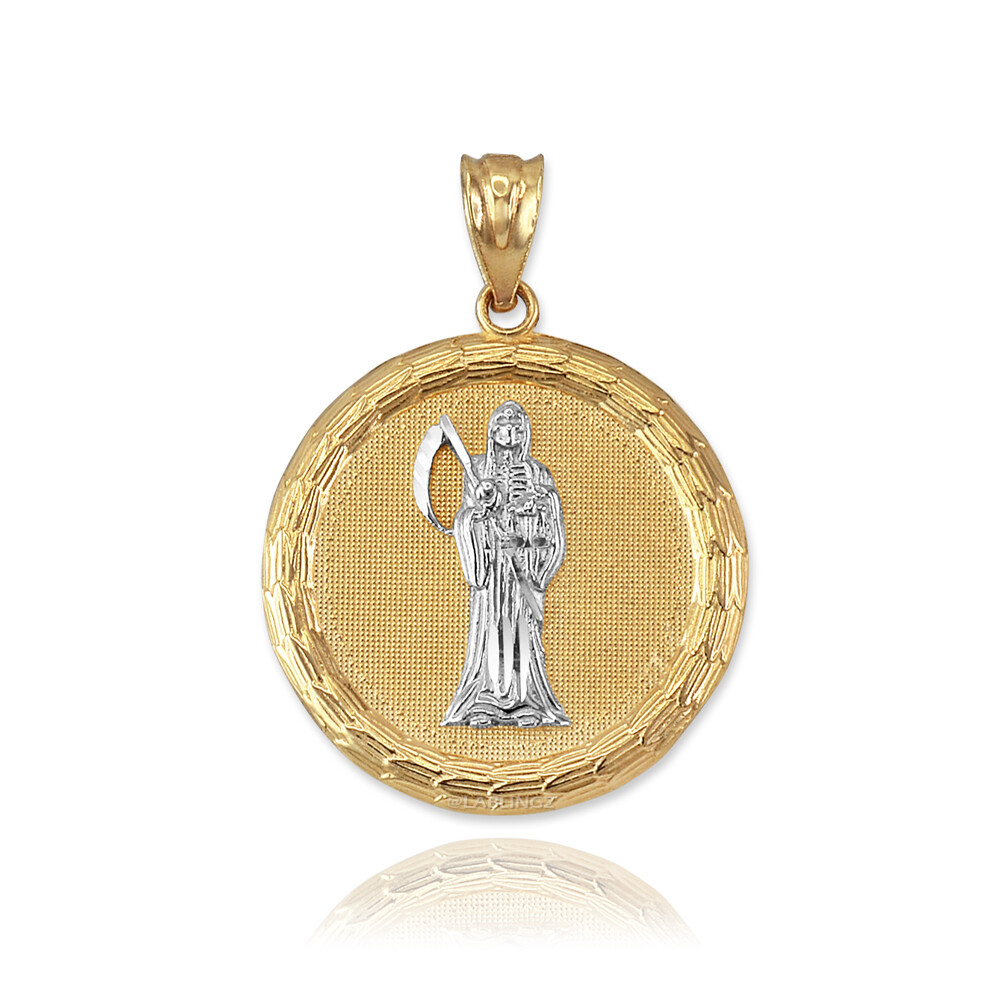 Pre-owned La Blingz Two-tone Yellow Gold Santa Muerte Medallion Pendant Necklace