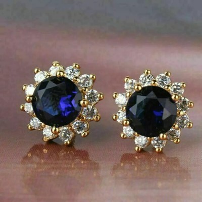 14K Yellow Gold Plated 3Ct Round Lab-Created Blue Sapphire Stud Earrings Women's