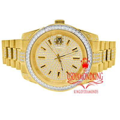 Pre-owned Usdiamondking 18k Yellow Gold Full Steel Baguette Simulated Diamond Presidential Watch 41mm