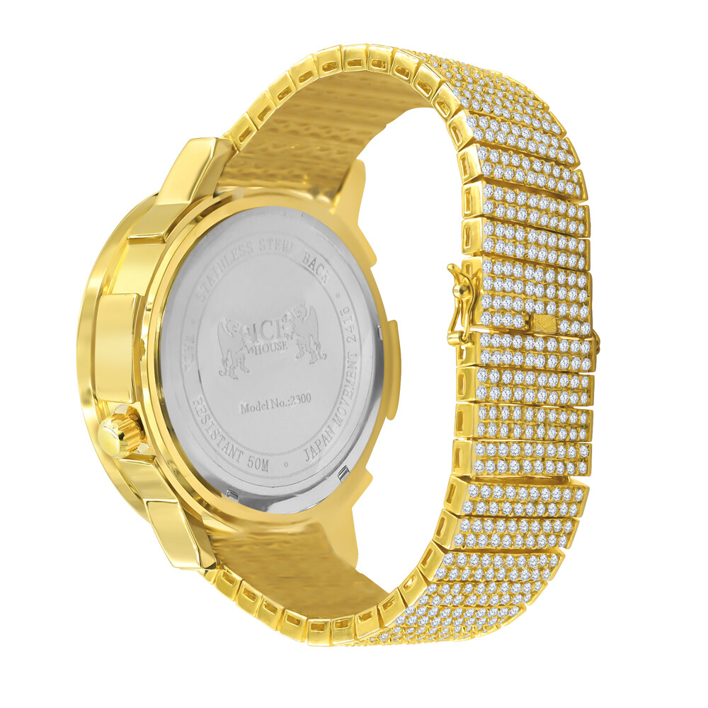 Pre-owned Ice Master Real Diamond Men's Gold Tone Prong Set Dial 2 Workin Time Zone Chronograph Watch