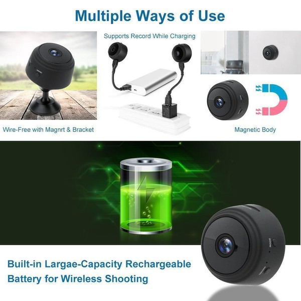 Versatile mini camera with mount, magnet, and rechargeable battery.
