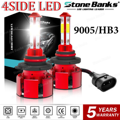 4-Sides 9005 HB3 H10 LED Headlight Bulbs Kit 6000K White High Beam or Fog Lights