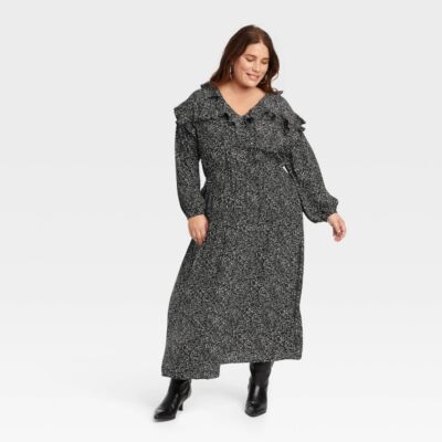 Womens Long Sleeve Ruffle Maxi A-Line Dress - Universal Thread Black Floral 1X