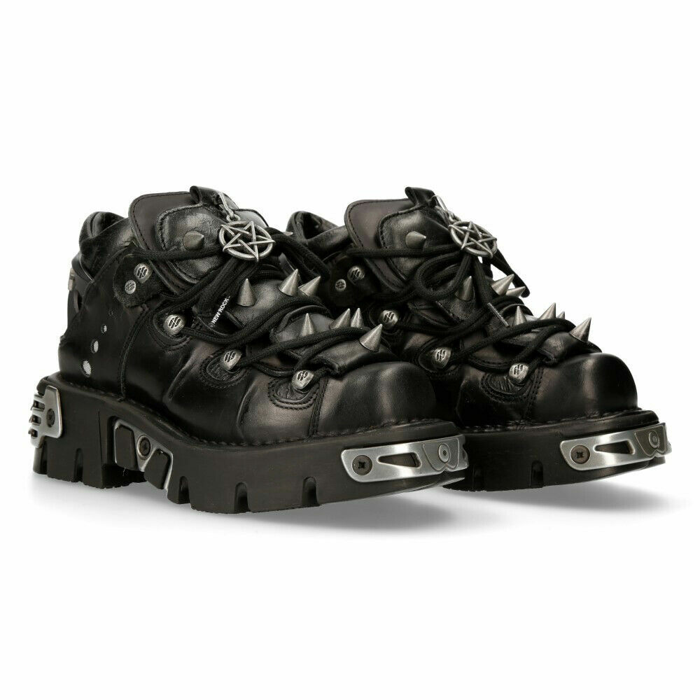 Pre-owned New Rock Rock 110-s1 Boots Unisex Black Leather Boots Rock Goth Emo Stud Low Biker