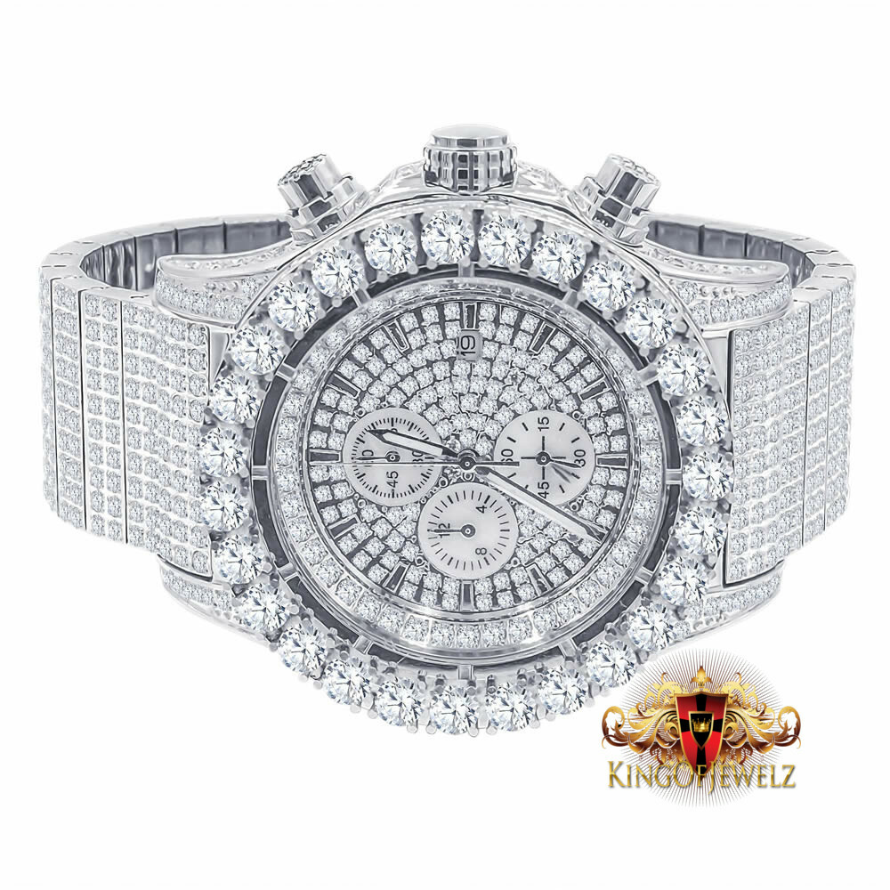 Pre-owned Blingmaster Solid Stainless Steel White Gold Tone Simulated Diamond 10 Row Band Watch 48mm
