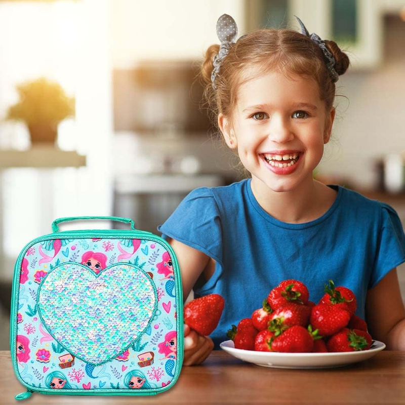 3PCS Mermaid Backpack, 16&Prime; Kids Sequins Bookbag for Girls with Lunch Box,
