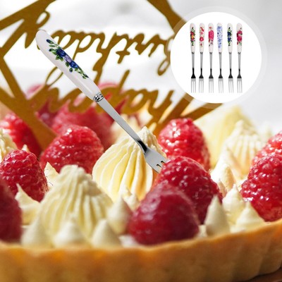  6Pcs Multi-function Dessert Forks Portable Small Forks Ceramic Handle Cake Fork