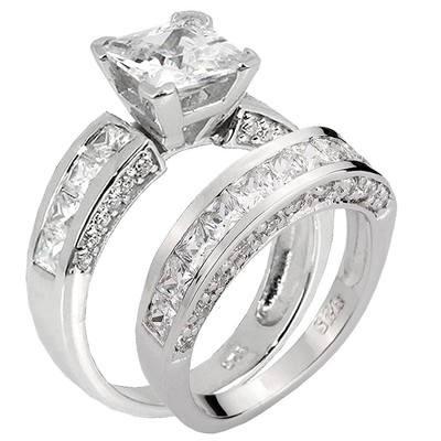 4.4CT Sterling Silver 925 Princess Cut CZ Cubic Zirconia Wedding Rings Set