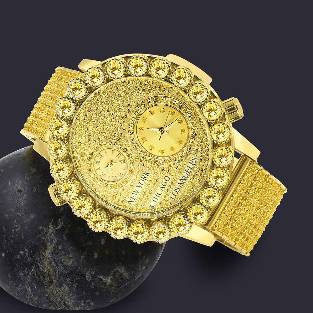 Pre-owned Ice Master Canary Gold Tone Men's Prong Set Real Diamond Dial 2 Time Zone Chronograph Watch