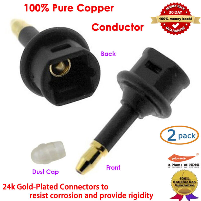 2-pack Gold Fiber Optic Toslink To 3.5mm Mini Adapter With Dust Cap