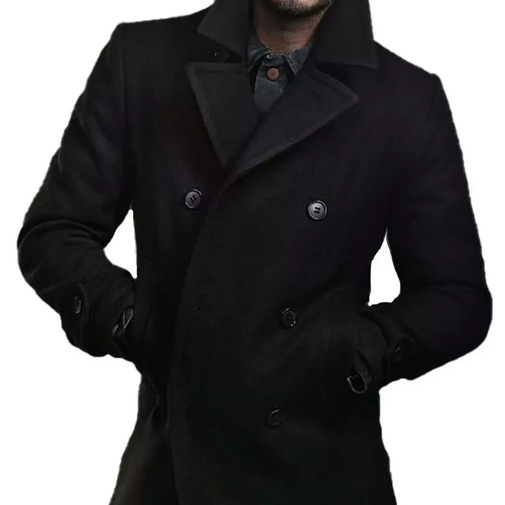ジャケット・アウター BASISBROEK wool double chester coat navy Navy Blue Men's Woolen Overcoat Thick Solid Double-Breasted
