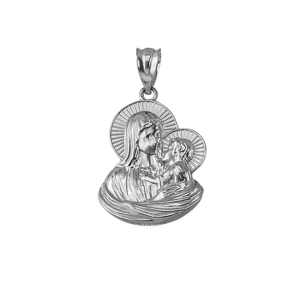 Pre-owned La Blingz 14k White Gold Virgin Mary Baby Jesus Unisex Pendant Necklace