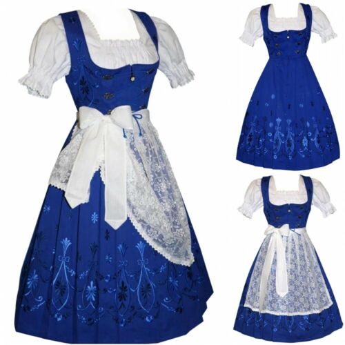 Sz 14 L Blue German Dirndl Dress Long Oktoberfest Waitress Holiday Bavarian 3 Pc