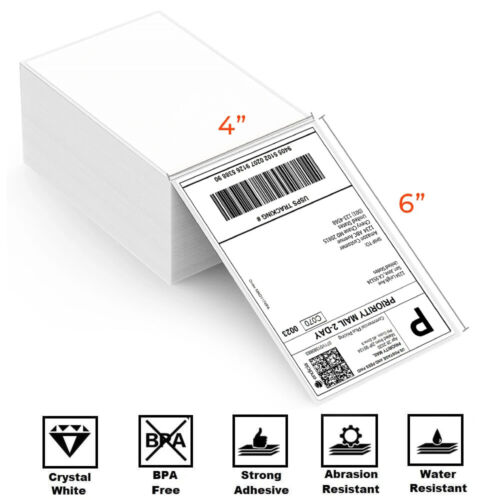 1000 4 x 6 Fanfold Direct Thermal Shipping Labels White For Zebra Rollo Printer
