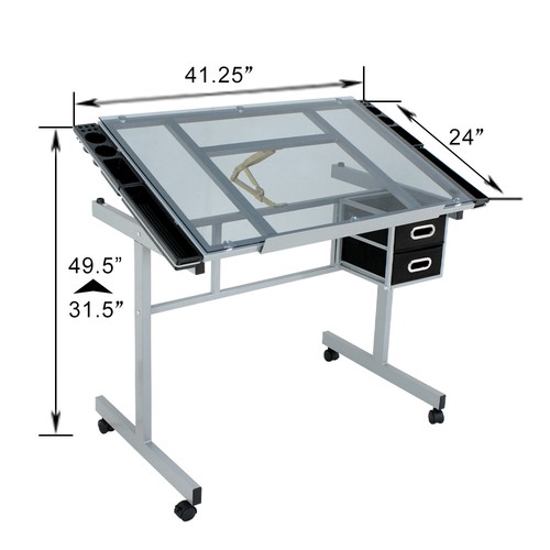 Drafting Table on Wheels Adjustable Glass Tabletop Drawing Desk w/Storage Drawer