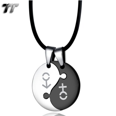TT Two-Tone YING & YANG Stainless Steel PUZZLE Pendant for couple Free Two Chain