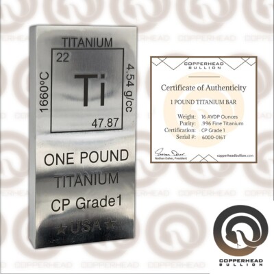 1 lb Pound (16 oz) Titanium Bar Element Design .996 Fine CP Grade 1 Bullion
