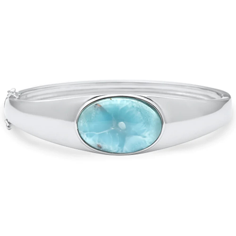 Pre-owned Sterling Oval Shaped Natural Larimar Bangle .925  Silver Bracelet In White