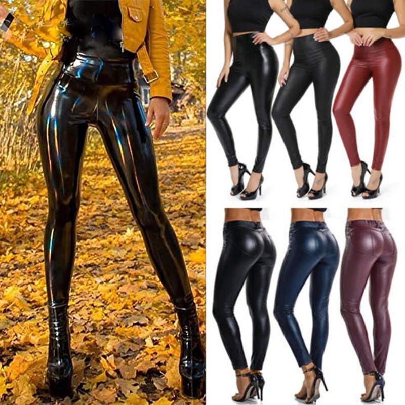 Ladies Womens Wet Look PU Leather Leggings Stretch High Waist Pant PVC Trousers