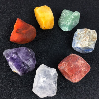 7 Stones Chakra Set Seven Medium Rough Natural Raw Crystal Kit & Pouch
