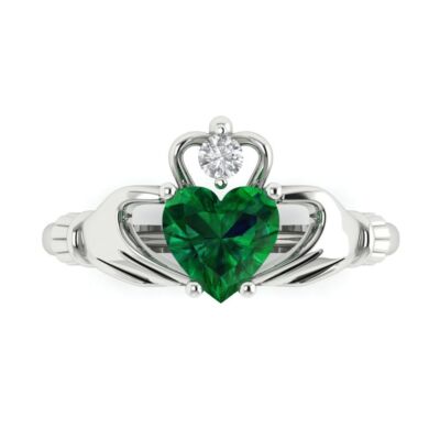 Pre-owned Pucci 1.55 Irish Celtic Claddagh Simulated Emerald Classic Ring Solid 14k White Gold