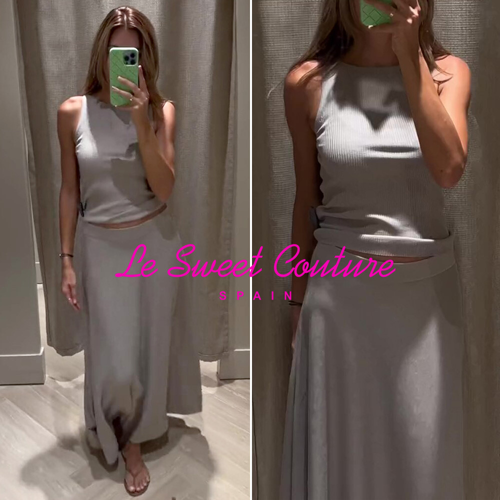 MASSIMO DUTTI NWT SS24 Greyish Green Long flared knit skirt
