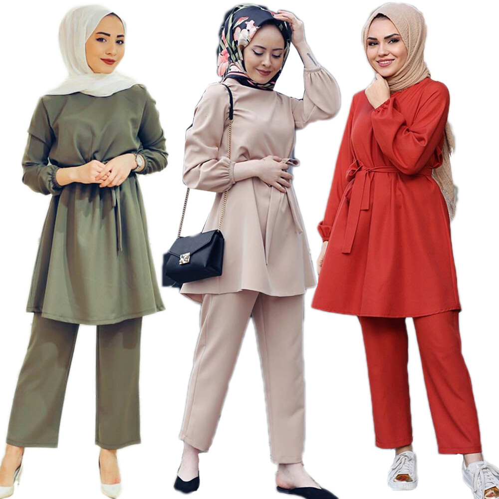 Muslim Women Long Sleeve Tops Blouse Wide Leg Pants Set